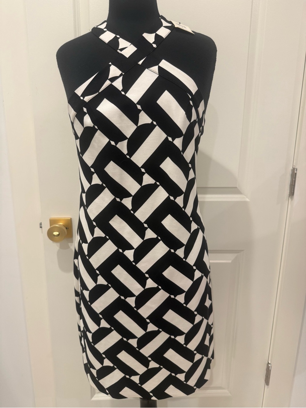 NWT. Trina Turk Black & White One-Shoulder Geometric Halter Dress